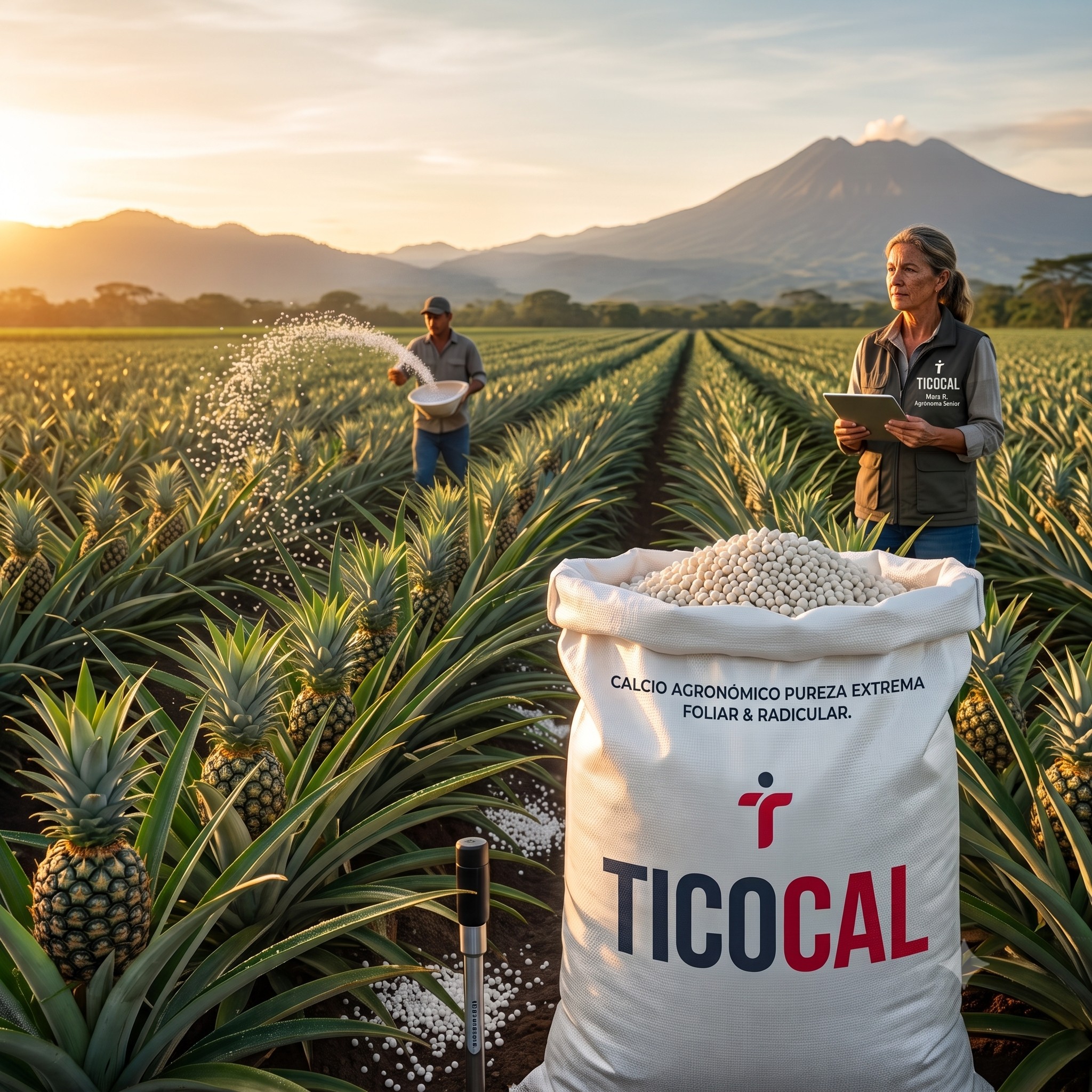 Aplicación de TicoCal Granular en un cultivo de piña, con agrónoma revisando resultados en campo