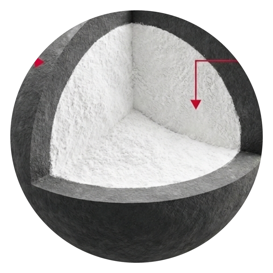 Corte transversal de un pellet TicoCal Granular mostrando la coraza estructural exterior y el núcleo de carbonato de calcio Malla 200